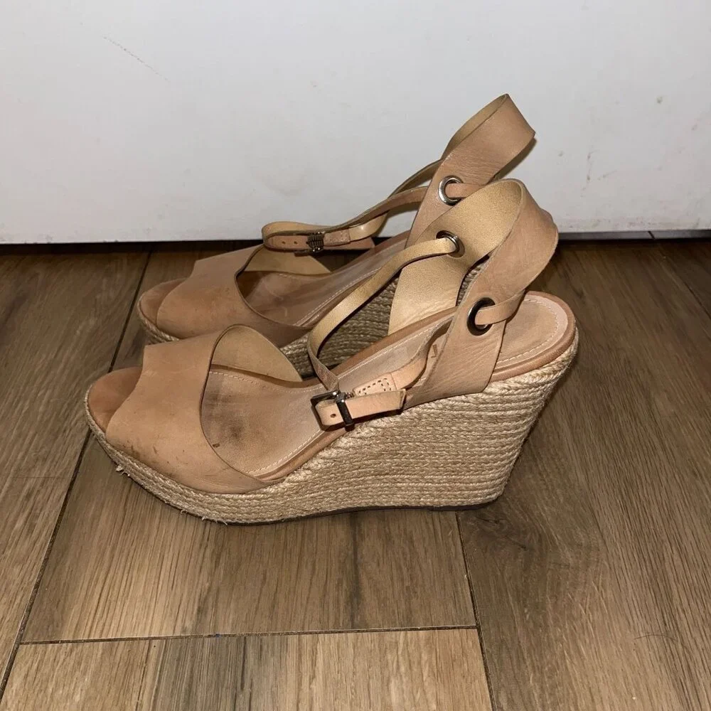 Schutz Tan Leather Espadrille Wedge Sandals With Ankle Strap size 9 Womens